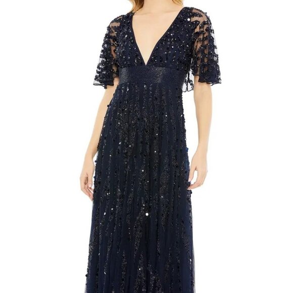 Mac Duggal Midnight Blue Embellished Plunge Neck Tulle Column Gown